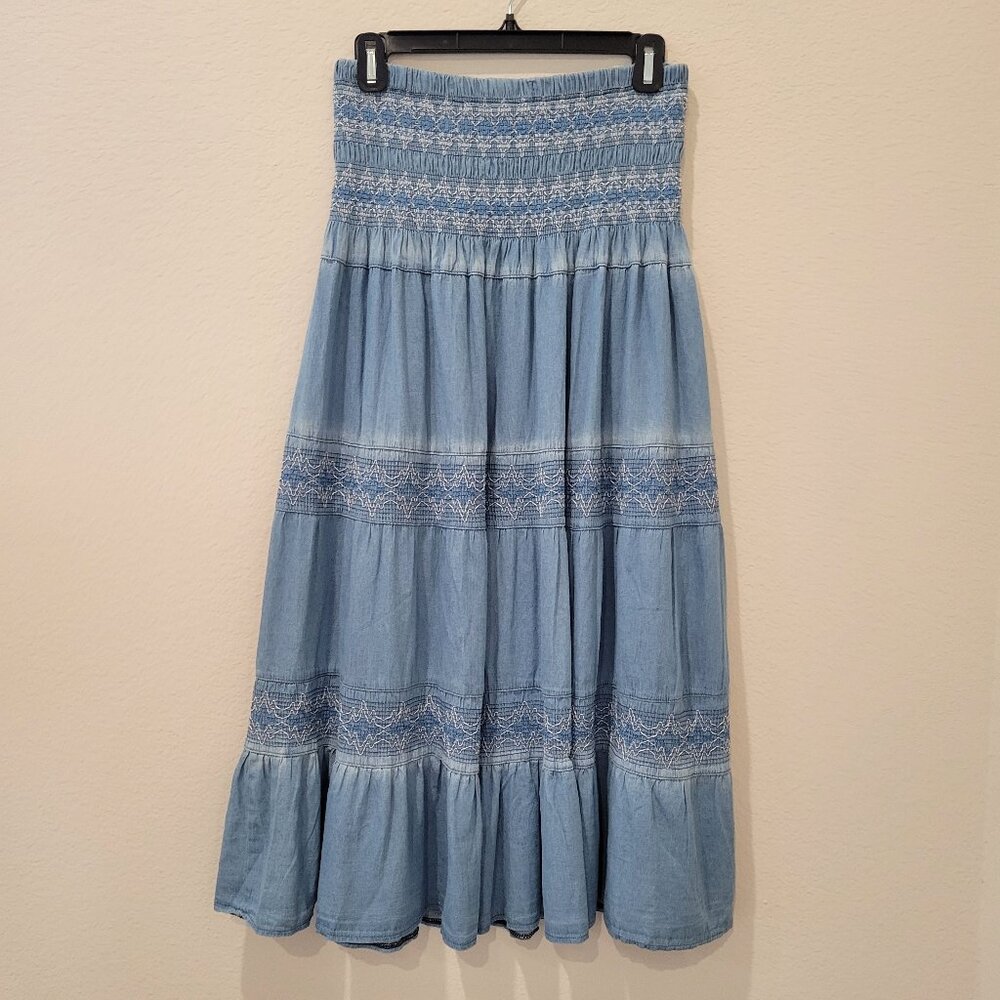 DrefBufy Smocked Chambray Maxi Skirt, size M